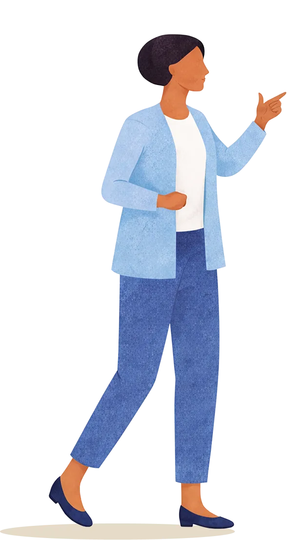 Illustration of a woman in a light blue jacket, white shirt, and blue pants, pointing right.
