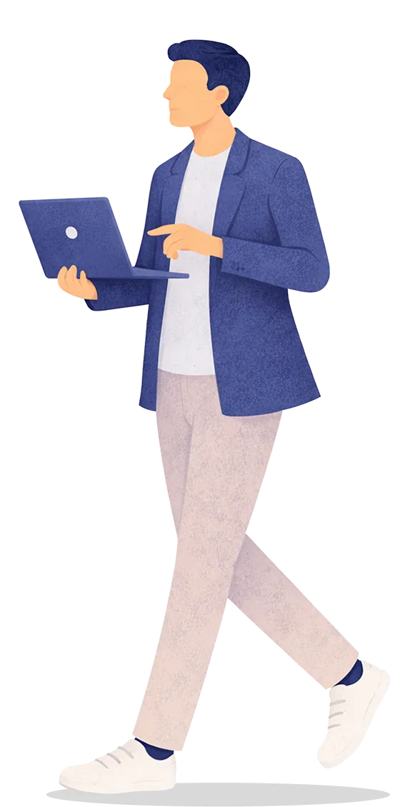 Illustration of a man in a blue blazer holding a laptop and pointing at its screen.