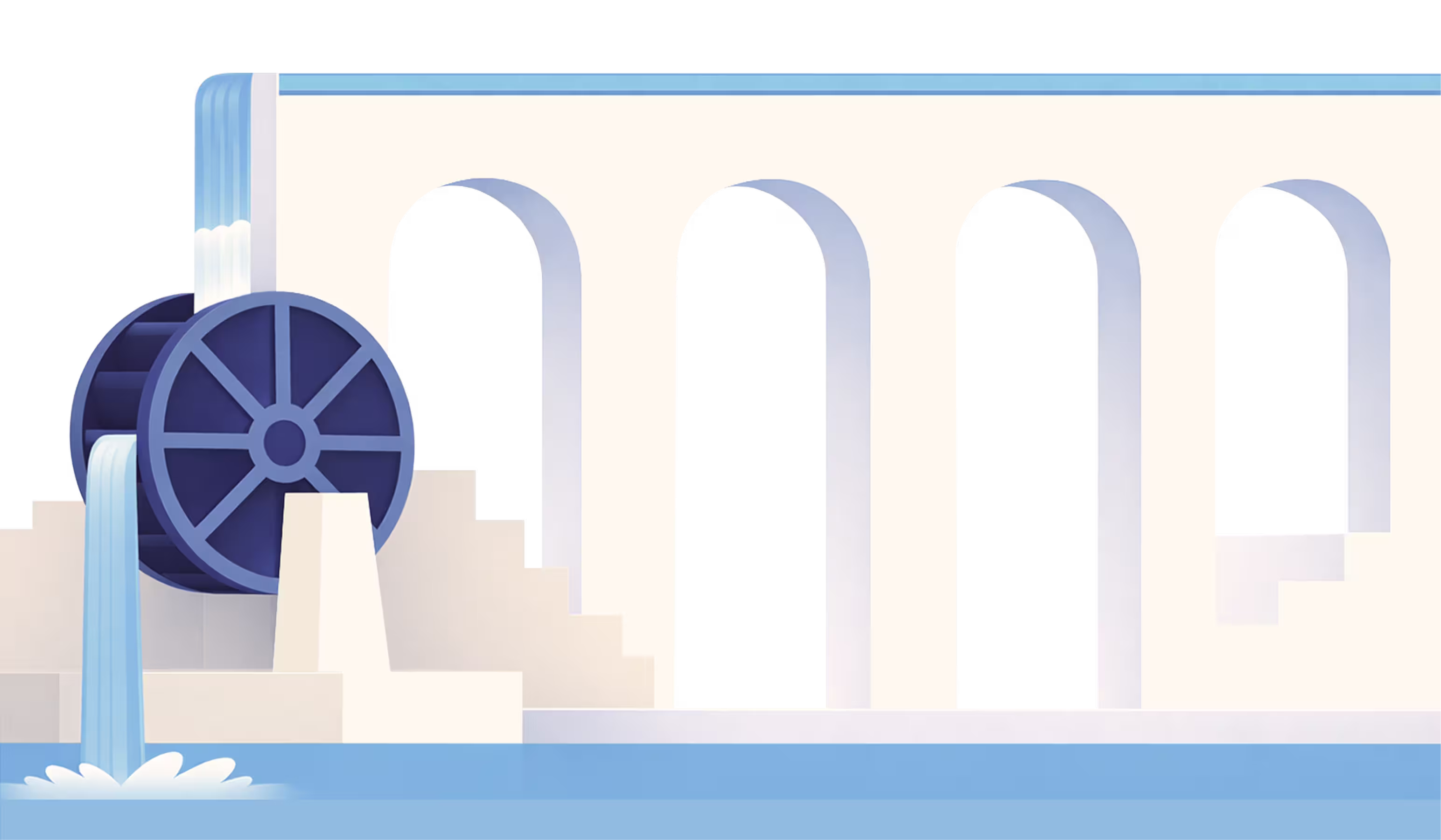 Water wheel attached to arched aqueduct structure with water flowing into pool below.
