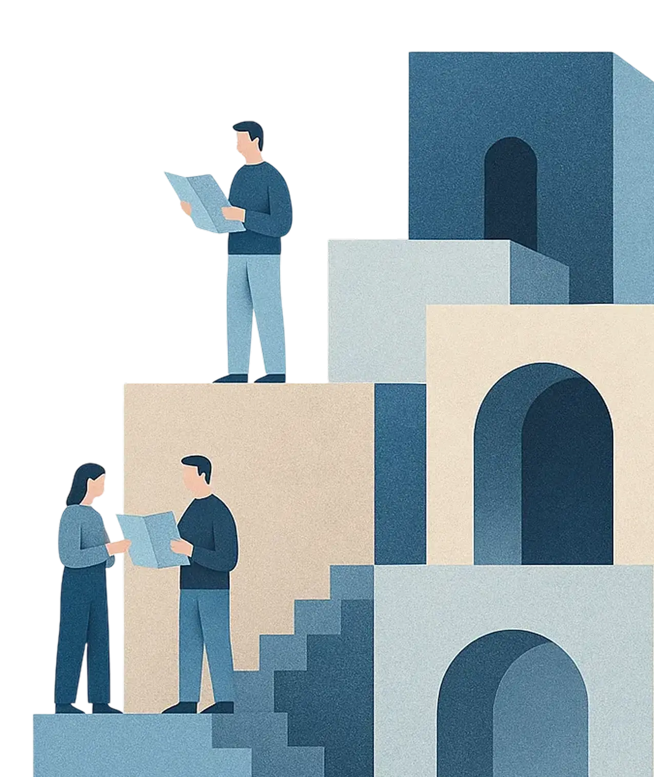 Illustration of three people reading documents on abstract multi-level blocks with stairs and arches.