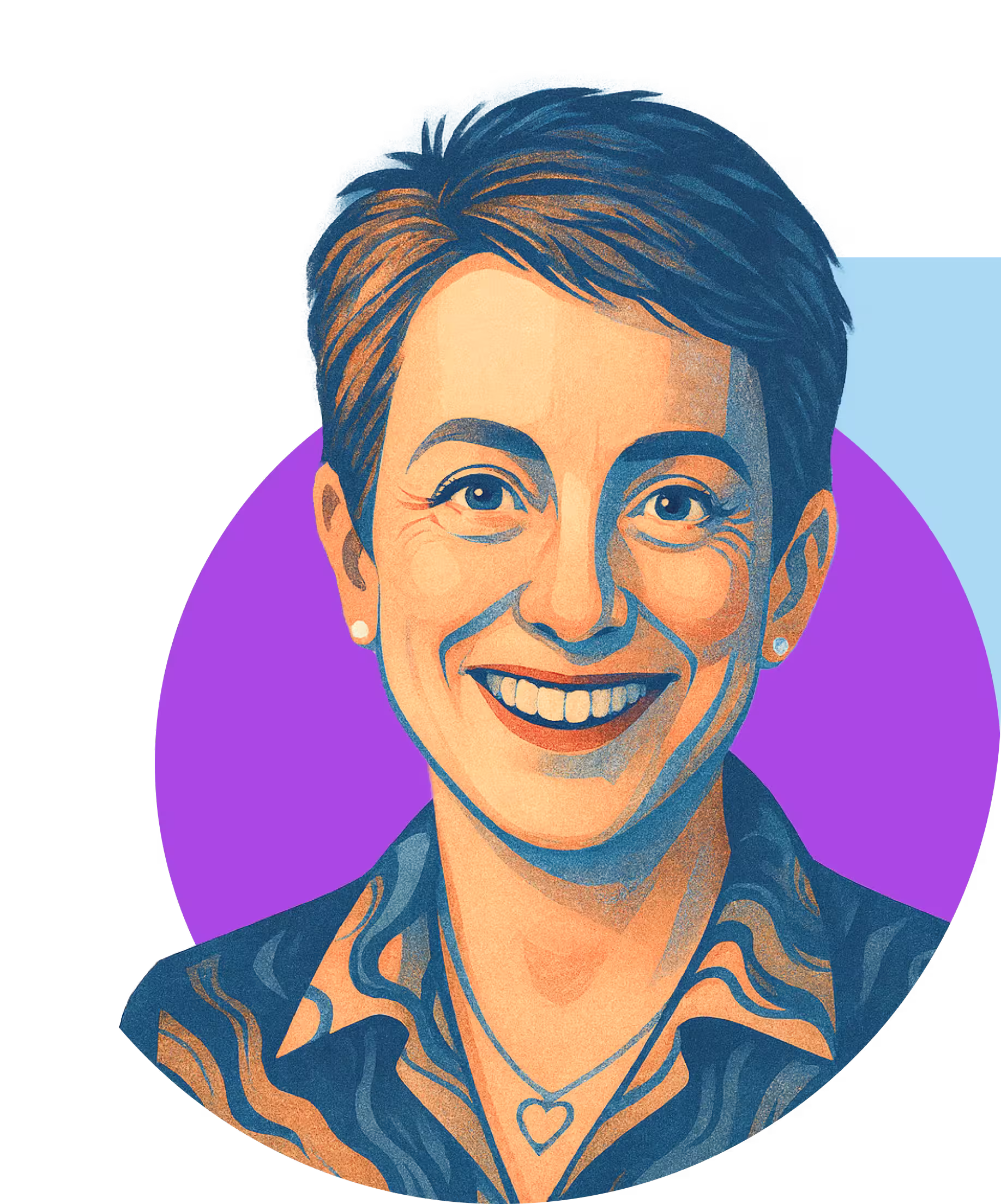 Illustration of a smiling woman with short hair wearing a heart necklace and patterned shirt.