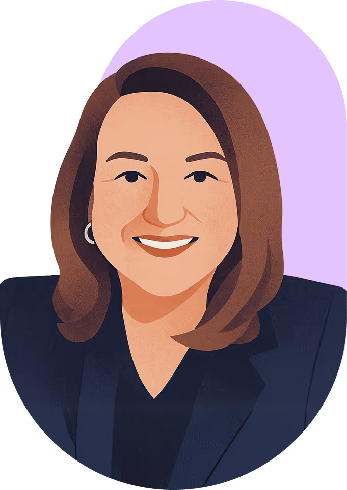 Illustration of a smiling woman with brown hair wearing a dark blazer and silver hoop earring.