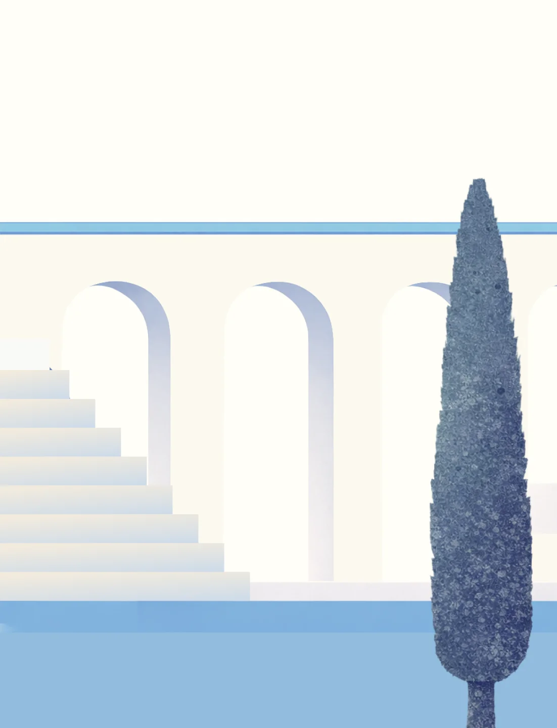 White stairs beside a blue pool with arches and a tall blue tree on the right.